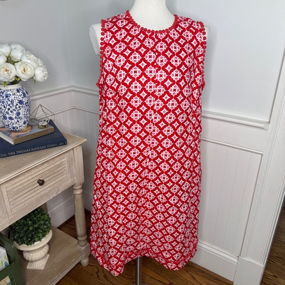 Boden Dresses & Skirts - Boden Red Geometric Pom Pom‎ Trim Shift Dress Womens 12R Pink White Sleeveless